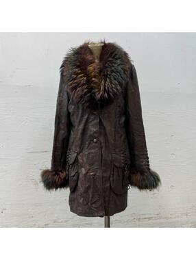 Vintage Y2K Brown Rainbow-Highlight Raccoon & Leather Coat